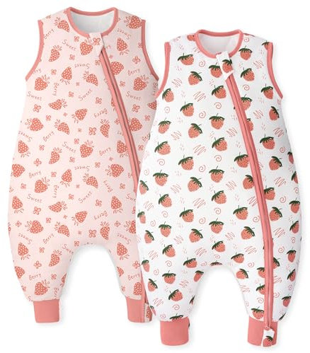 Unnivoll Baby Schlafsack mit Füßen 1,5 Tog 2er Pack Schlafsack Baby Baumwolle Ganzjahre Schlafsack mit Beinen Babyschlafsack Weich 90 cm für Jungen Mädchen Erdbeere