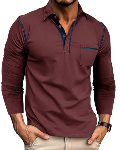 Rodawu Mens Long Sleeve Polo Shirts Cotton Polo T-Shirts Golf Tops Grandad T Shirt