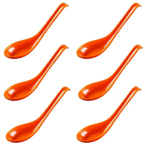 Rice Spoons Ramen Noodle Soup Ladle Red Soup Spoons Serving Spoons Chinese Won Ton Soup Spoon Asian Plain Style Soup Spoons (6, Orange)
