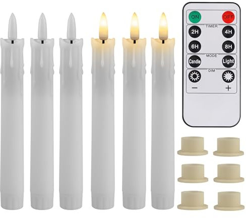 NAKIHOUSE Battery Operated LED Candles - Pack of 6 Warm White Flameless Flickering Taper Candles with 3D Wick for Halloween, Christmas, Wedding (White, D0.7 X H6.6 Inch)