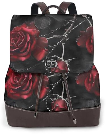 JKSEEPYN Damen-Rucksack, Gothic-Stil, schwarze Rosen, bedruckt, Leder, Tagesrucksack, wasserdicht, College-Tagesrucksack, verstellbarer Schultergurt, Schwarz , One size