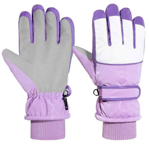 MoKo Handschuhe Kinder, Winterhandschuhe Kinder Wasserdicht, Skihandschuhe Kinder mit Elastisch Bündchen für 6-15 Jahre, Warme Winddicht Schneehandschuhe Kinder für Snowboard Laufen Radfahren, Lila M