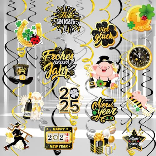 DPKOW Silvester Deko 2026 Silvester Hängende Wirbel Dekoration, Neujahr Spiral Hängedeko Silvester Girlande Luftschlangen Glücksschwein Kleeblatt Silvester Deckenhänger Happy New Year Deko 2026, 30stk