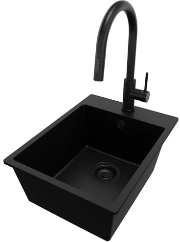 PRIMAGRAN Evier Cuisine en Granit Tout Noir 38x50cm, Lavabo 1 bac + Kit de Vidage + Robinet 40x20cm, Évier à Encastrer au meuble 40cm - Riga