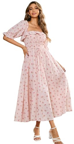 R.Vivimos Donne Abito Casual Bohémien Mezza Manica Scollo Quadrato Vestito Lungo Midi Elegante da Spiaggia
