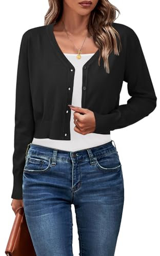 Newshows Womens Cardigan Summer Cropped Lightweight Short Cardigans Ladies V Neck Knit Buttons Bolero Shrug Black,L