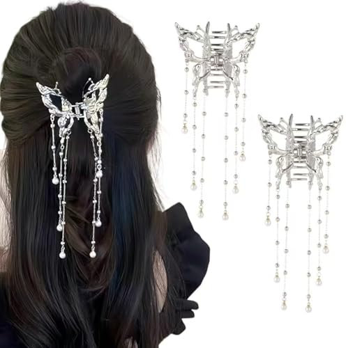 Ypkia 2 Stück Schmetterling Haarklammer Mittel mit Perlen Quaste Metall Haarspangen Damen Für Frauen Mädchen Elegant Haar-accessoire