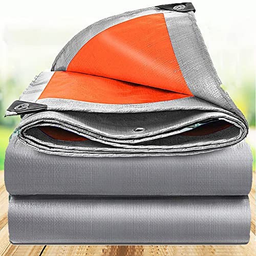 Strapazierfähige, wasserdichte Abdeckplane, 140 g/m², silber-orange, PE-Plane mit Ösen für Dachanhänger, Gartenmöbel, Camping, Bodenplane, 7 x 10 m