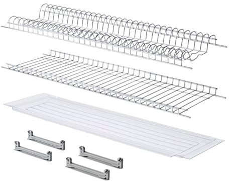 API Scolapiatti Griglie con Vaschetta Raccogligoccie per Pensili Cucina Acciaio cromo Kit con Staffe Griglia bicchieri piatti (56 CM per pensile da 60 CM)