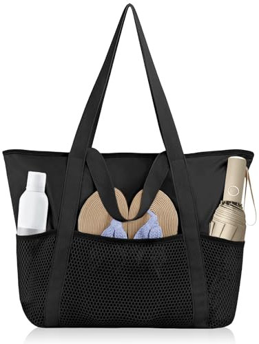 flintronic Strandtasche Damen, Strandtasche Groß Handtasche, Wasserdichte Badetasche, Netztasche Strand Mit Reißverschluss Innentasche für Schwimmbad, Urlaub, Reisen, Fitnessstudio, Einkaufen-Schwarz