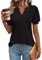 Rapbin Ladies Tops Breathable V Neck Button Down Short Sleeve Shirt Office to Pub Slim Fit Tunic Black-L(UK 16-18)