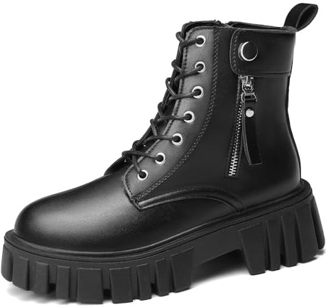 SANNAX Womens Boots Ankle Boots Side Zipper Flatform Casual Boot Shoes Ladies Classic Lace-up Chunky Boots, Black 05, 6UK