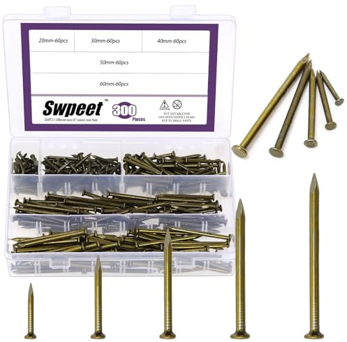 Swpeet 300pcs 5 Größen 3/4 1-1/4 1-3/5 2 2-3/8 Bronze Hardware Nägel Sortiment Kit, Stahlnagel, verzinkte Nägel, kleine Nägel, Veredelungsnägel, Wandnägel, Holznägel, Nägel für Betonstein