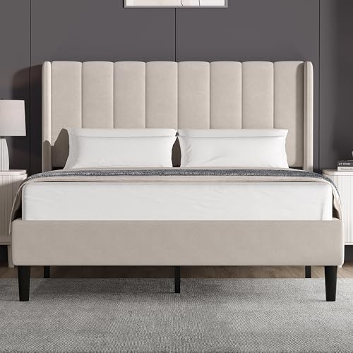 Blisswood King Size Bed Frame Noise-Free Upholstered Platform Bed With Vertical Design Headboard Sturdy Wooden Slats Support & Under Bed Storage (Beige, King)