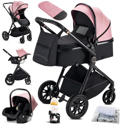 KAVELLIN Kinderwagen 3 in 1, Zusammenklappbar kinderwagen Komplettset Becherhalter, Moskitonetz, Fußabdeckung Für Baby Erstausstattung Neugeborene, Rosa