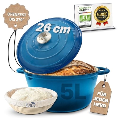 Ottia Gusseisen Topf brot backen [inkl. Gärkorb] - Emaille Topf 26cm - Dutch Oven, Brotbackform, Brotbacktopf, Schmortopf Bräter mit Deckel, Bratentopf - auch für Induktion, Händler aus HH, Blau