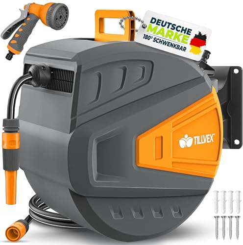 tillvex® Schlauchtrommel Wasser 15 m + 2 m mit Wandhalterung + Tragegriff Automatik Gartenschlauch-Schlauchabroller 180° Schwenkbar | Wand-Schlauchbox Automatisch + Multi Handbrause mit 9 Modi