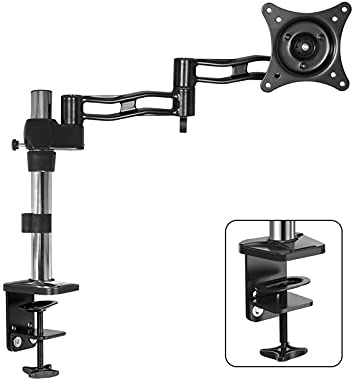 Aioneer Monitor Desk Mount Single Monitor Stand Arm Adjustable 15-27 Long Arm Monitor Desk Mount Monitor Stand Mount with Clamp And Grommet Kit, Mount 75/100Mm Computer Monitor-C-C Clamp