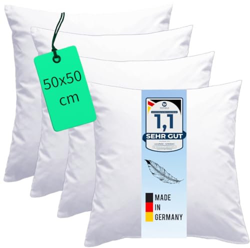 Luxusfeder 4er Sofakissen 50x50 cm Daunen Füllung 500g - Bezug 100% Baumwolle - Daunenkissen - Kissenfüllung - Kisseninlett - Innenkissen - Öko-Tex
