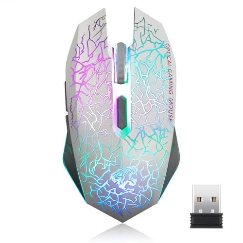 Uiosmuph M2 Mouse Ricaricabile Wireless,Ottico USB Gaming Mouse Silenzioso senza fili con 6 Pulsanti con LED 7 Colors per Mac Notebook Computer Portatile(White)