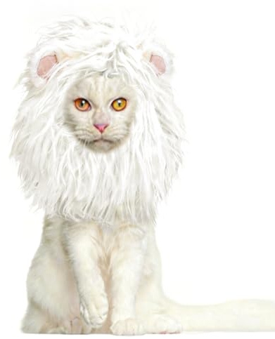 Onmygogo Löwenmähne Perücke für Katzen und Hunde, Lustige Haustier Katze Kostüme für Halloween Weihnachten, Pelzige Haustier Kleidung Zubehör (S, Weißer Löwe)
