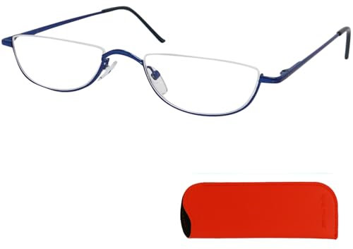 Halb Rund Metall Lesebrille Halbbrille, Gratis Etui und Brillenputztuch, Edelstahl Rahmen (Blau) mit Federscharnier, Lesehilfe Damen und Herren +2.0 Dioptrien