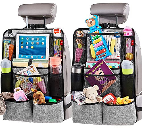 Helteko Organizador de asiento trasero de coche, protector de asiento trasero con soporte para tablet para pantalla táctil, organizador para niños, accesorios de viaje, alfombrilla 9 bolsillos de