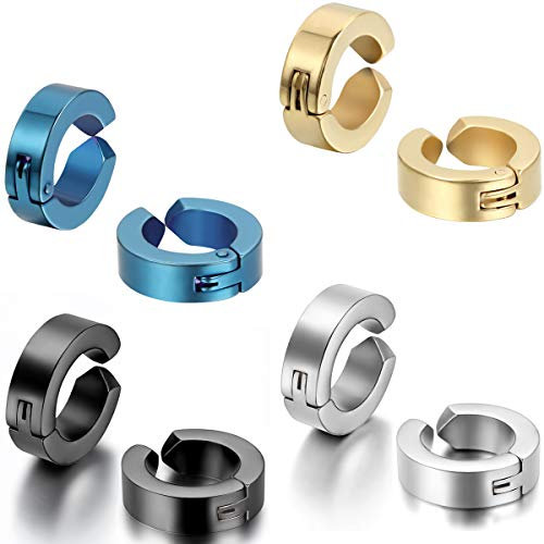 JewelryWe Schmuck 4 Paar Creolen Edelstahl ohne Loch Fake Ohrstecker Ohrclips Klappcreolen Huggie 4mm, Silber Schwarz Gold Blau