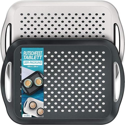 volila Plateau de Service - Plateau Antidérapant Pack x 2 (41 x 29 x 4,5 cm) - Grand Plateau de Service Rectangulaire pour Thé, Repas TV, Plateau Cuisine Blanc et Noir pour Maison & Restaurant