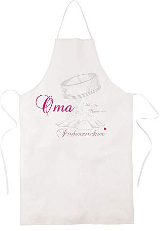 STEMPEL-FABRIK Küchenschürze mit dem Aufdruck Oma ist wie Mama mit Puderzucker – Kochschürze aus 100% Baumwolle als perfekte Geschenkidee für die Oma (65 x 99 cm | Weiß)