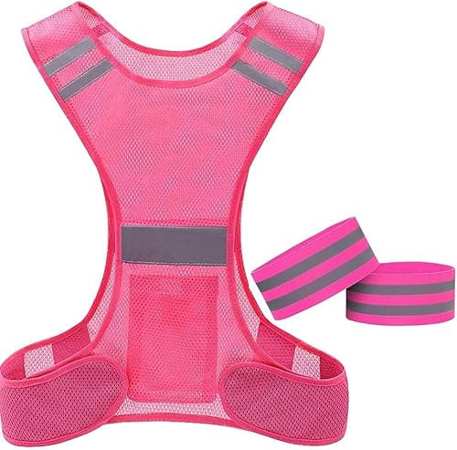 Warnweste, hohe Sichtbarkeit, reflektierende Weste, Warnweste, Sicherheitsjacken mit 2 reflektierenden Riemen, zum Laufen, Wandern, Radfahren, Joggen (Rosa)