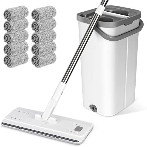 Myiosus Serpillière Seau Essoreur, Balai Serpillère Essoreur avec Seau, Balai Plat Rotatif 360° avec Poignée en 140 cm, Mop Serpillere et 5 Tampons en Microfibre Réutilisables pour Nettoyage de Sol