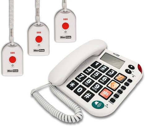 G-TELWARE MAXCOM KXT481SOS 2023-2024er Modell Haus Notruf Seniorentelefon mit Funk-SOS-Sender, Festnetztelefon - 3 Handsender mit Schlaufe, Carbonschwarz, Standard