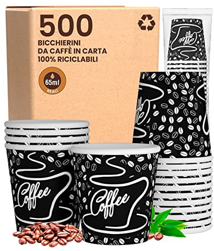500 Bicchierini in Carta per caffè 65ml BlackCUP Bicchieri Ecologici Biodegradabili Monouso Piccoli Asporto Bevande Calde