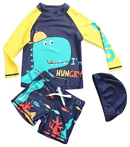 AIWUHE Badehose Jungen Schwimmshirt Kinder UV Schutz Badeset mit Badekappe Cartoon Langarm Dino Dunkelblau 86-92