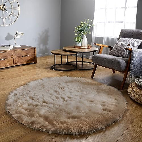 Latepis Teppich Rund Hellbraun Beige Flauschiger Teppich Wohnzimmer 180 cm Waschbar Schlafzimmer Esszimmer Kunstfell Teppich Hochflor Shaggy Area Rug
