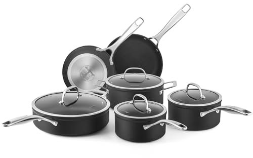 Duxtop Hard-Anodized Nonstick Cookware Set 10 PCS Anti-Scratch Pots and Pans Set, Aluminum Kitchen Induction Cookware PFAS-Free, Oven Safe to 500 °F, Dishwasher Safe, Black