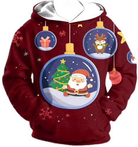 Ocean Plus Jungen Weihnachten Digitaldruck Langarm Kapuzenpullover Pulli mit Kapuze Halloween Hoodie Sweatshirts (130cm, Weihnachtskugeln)