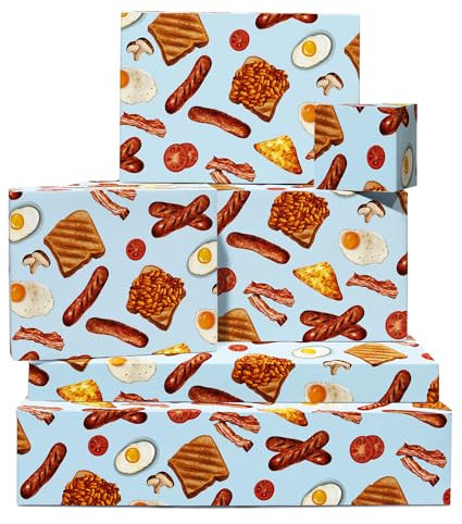 Geschenkpapier Blau – 6 Bögen Lustiges Geschenkpapier – Traditionelles Englisches Frühstück – Eier, Speck, Toast, Bohnen, Wurst – Für Männer, Frauen – Recycelbar – Von Central 23