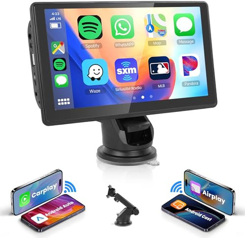 Rimoody Wireless Carplay Android Auto Tragbares Autoradio 7 Zoll Touchscreen Portable Autoradio mit Airplay/Android Cast/Dual Bluetooth/FM Transmitter/Voice Control/Siri/GPS/TF/AUX/USB/EQ 7V-32V