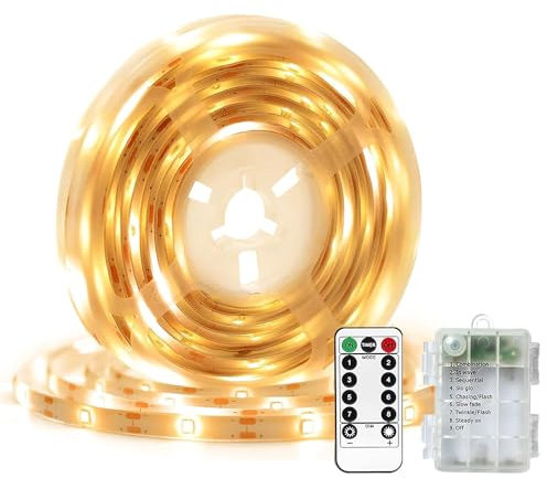KINGCOO LED Strip Lights Battery Operated with Remote Controller Timer Dimmable Self-Adhesive Cuttable Light Strip 8Modes for Outdoor Bedroom Cabinet Shelves Kitchen TV Decor (Warm White, 5M 300LED)