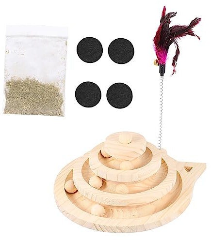 Yardwe Katzenspielzeug Batteriebetrieben 3-lagiger Holzdrehteller mit Holzrollball Rutschfester Basis zum Spielen und Kratzen