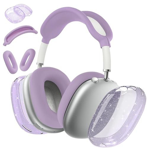 Silicone Case Cover for AirPods Max Headphones,Anti-Scratch Ear Pad Case Cover/Clear TPU Ear Cups Cover/Headband Cover for AirPod Max,3-in-1 Accessories Protector Case for Airpods Max (Glitter Purple)