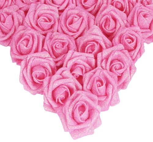 IPOPU Lot de 25 roses artificielles à paillettes avec tiges pour gâteau, bouquet de mariage, décoration de fête et maison, rose foncé