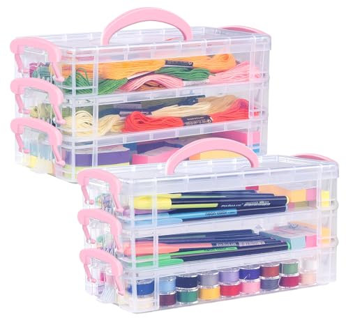 Anstore Plastic Storage Boxes with Lids, Stackable Flat Small Storage Box for Pen Pencil, 2 x 3 Tier Stationary Organiser with lid, Organiser Boxes for Craft Jewellery Art Tools, Pink Plastic Pen Box