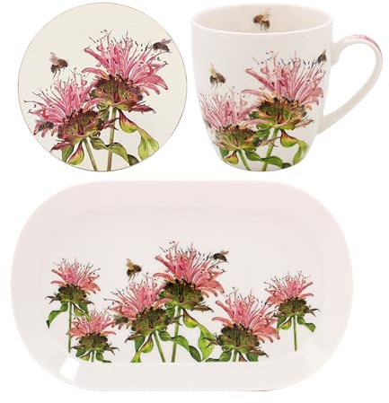 Lesser & Pavey Bee-Tanical Floral Mug & Coaster Set - Bergamot, Tulip, Thistle, Magnolia Designs (Bergamot)