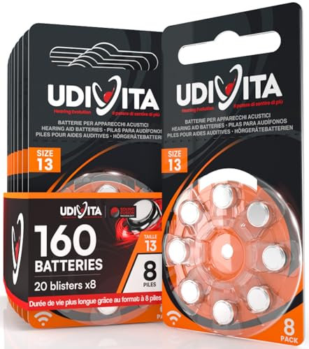 160 Hearing Aid Batteries Size 13 Udivita (Orange) PR48 Zinc-Air with Phono Pulse Technology - 20 Blisters of 8 Batteries