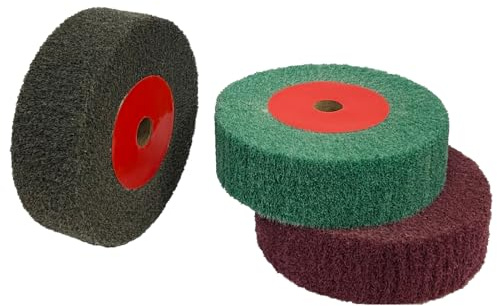 Vlies-Polierscheibe, 3 Stück, Schleifmaschinen-Schleifscheiben, Körnung 320, 600, 800, Nylondraht, Schleifschleifscheibe für Edelstahl, Kupfer, 10,2 x 3 cm, Rot, Grün, Grau