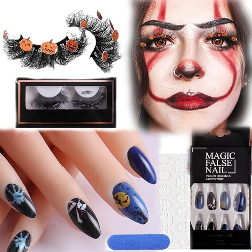Press on Nails Halloween False Nails Blue Fake Nails 24Pcs Halloween Design Stick on Nails French Tip False Nails Fake Nails with Glue Sticker Reusable Halloween Nail Art for Halloween Party Cosplay
