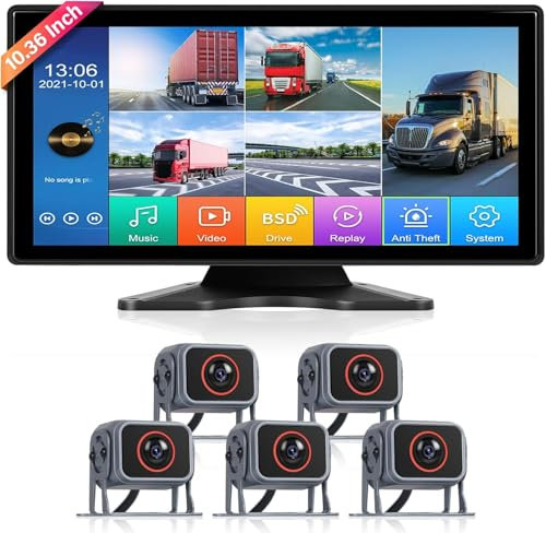 Hodozzy Reversing Camera Kit for Vans with 10.36 inch HD Monitor and 5 Reverse Cameras, 5 Split Screen, Wide Angle, IP68 Waterproof Night Vision,BSD/DVR/USB/SD Card for Truck/RV/Bus/Van